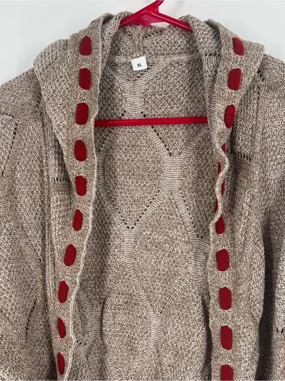 Textured Knit Hooded Cardigan with Red Trim - Picture 3 of 7